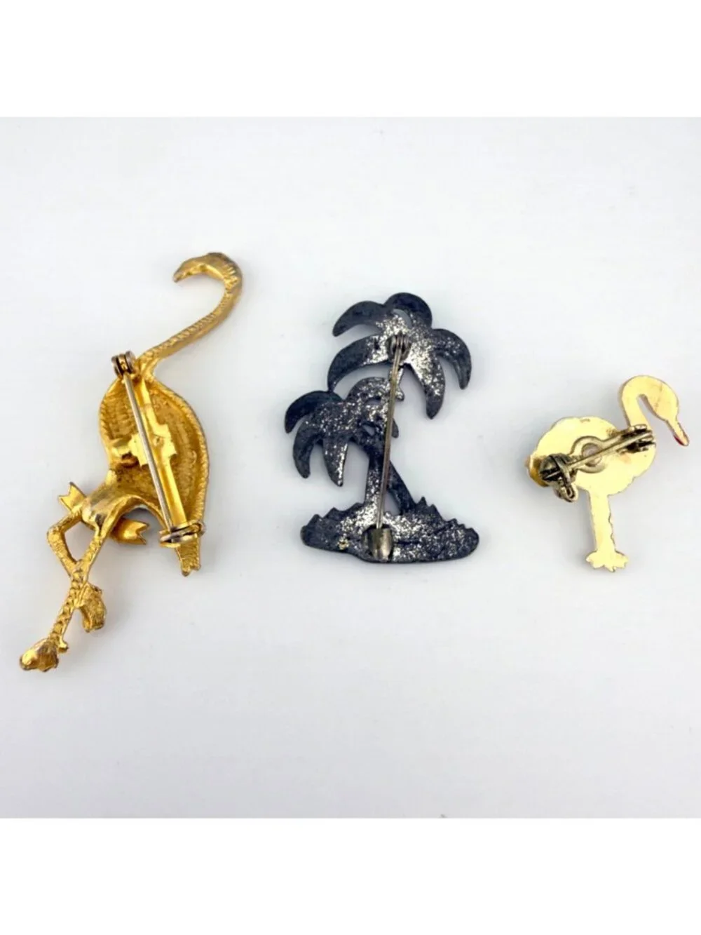 Vintage Enamel Brooch Set Flamingo Palm Tree Crane Pins Retro Florida